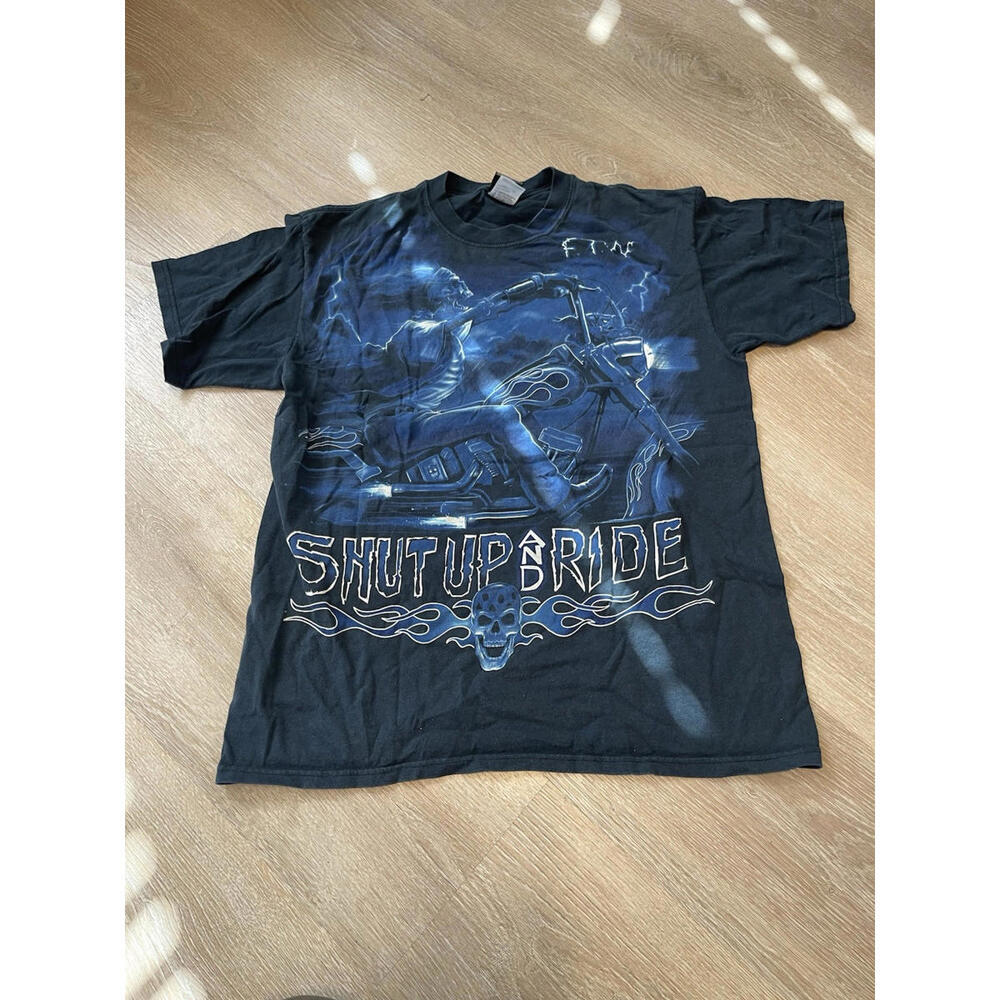 Y2K Liquid Blue FTW Shut Up And Ride Skull Rider Motorcycle Biker Grunge L‎ H49